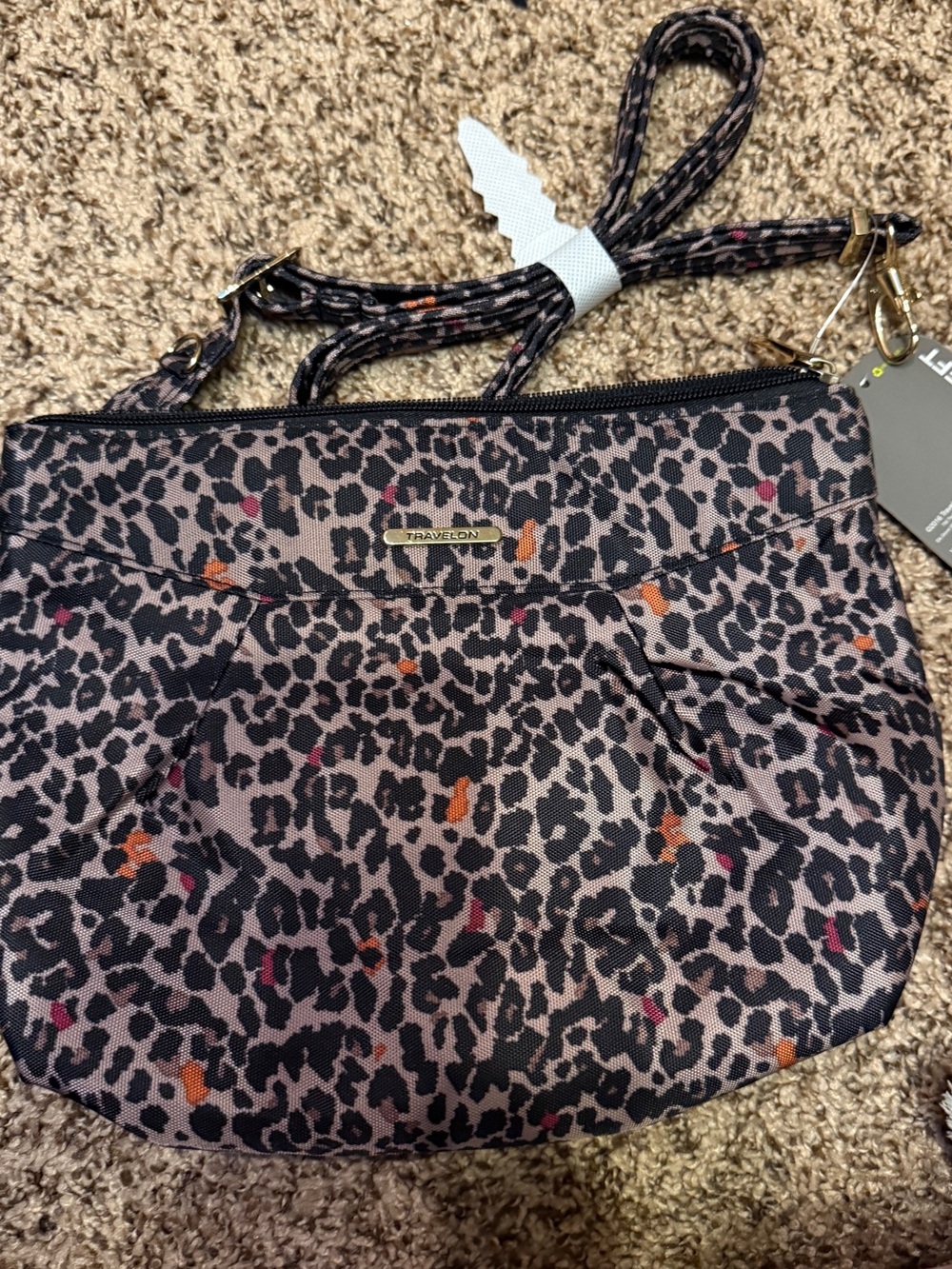 NWT Travelon Leopard Print Crossbody Bag with identity theft protection